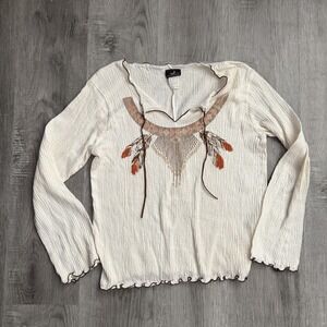Banana USA Western Rhinestone Feather Top Womens XL Boho Y2K Stagecoach